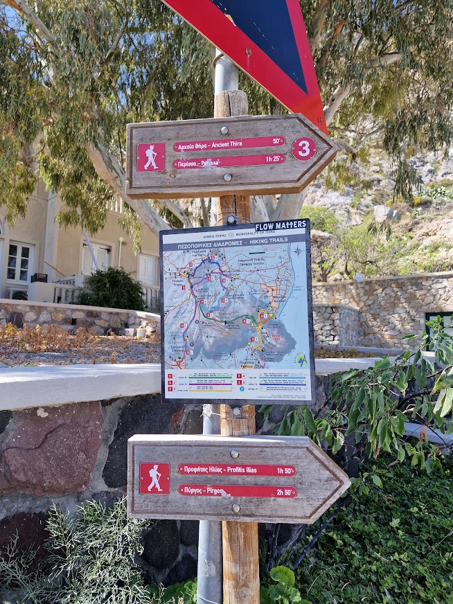 Signposts indicating the start of the Kamari to Ancient Thera path
