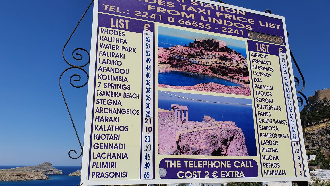 Taxi prices from Lindos on Rhodes island, Greece