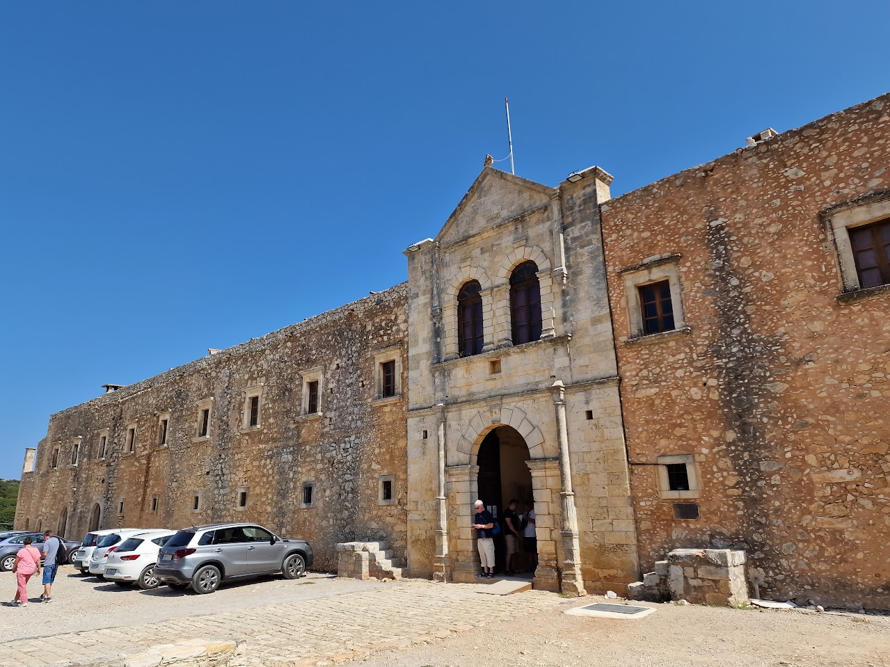 The surrounding walls and outside of the entrance to the Arkadi Monastery in Crete, Greece