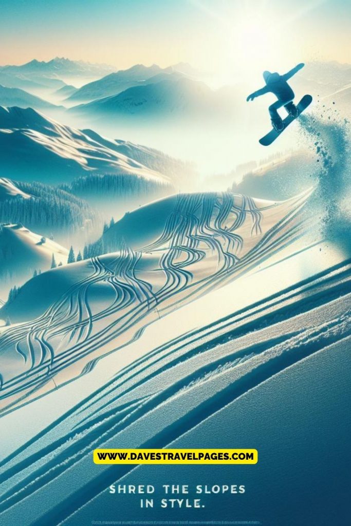 Shred the slopes in style caption for snowboarding
