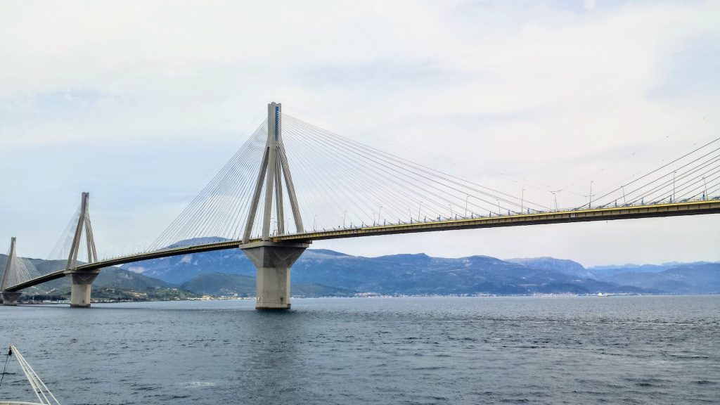 The Rio–Antirrio Bridge, also known as the Charilaos Trikoupis Bridge, is one of the world's longest multi-span cable-stayed bridges and the longest of the fully suspended type. It crosses the Gulf of Corinth, linking the town of Rio on the Peloponnese peninsula to Antirrio on mainland Greece by road
