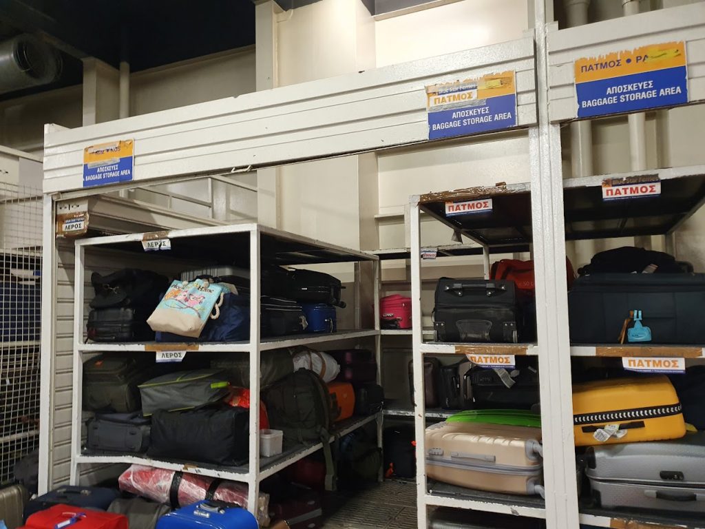 Luggage storage racks inside a Greek ferry