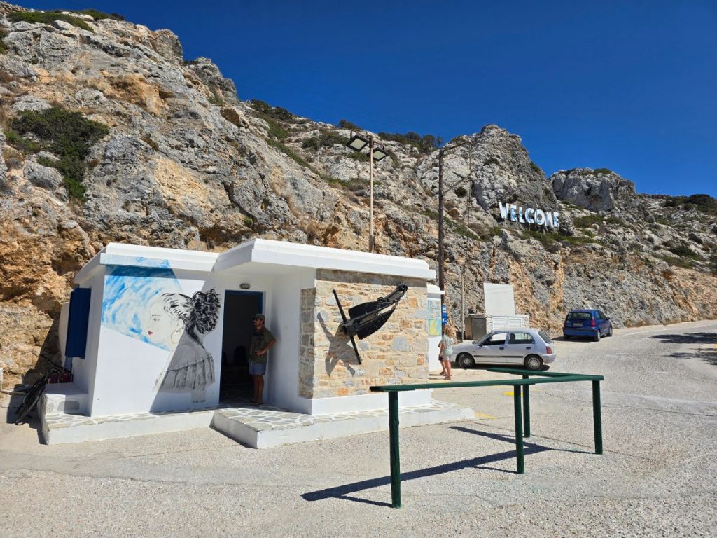 The covered passenger waiting area at the small ferry port on the greek island of iraklia