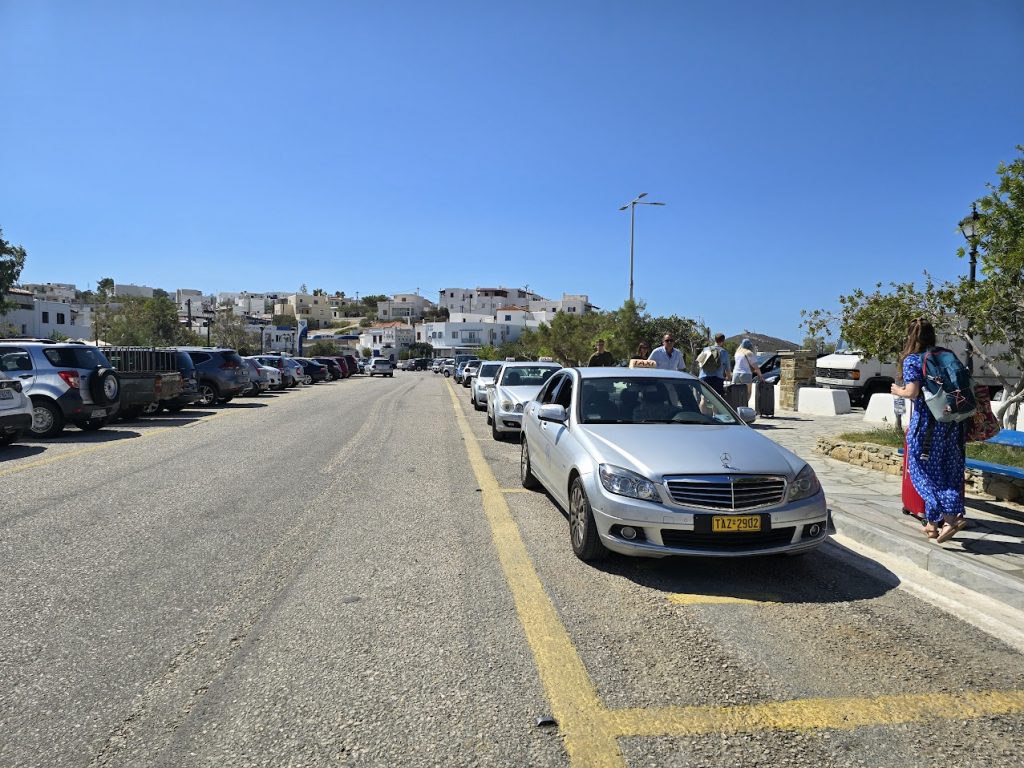 The taxi queue near the port in Gavrio, on Andros island