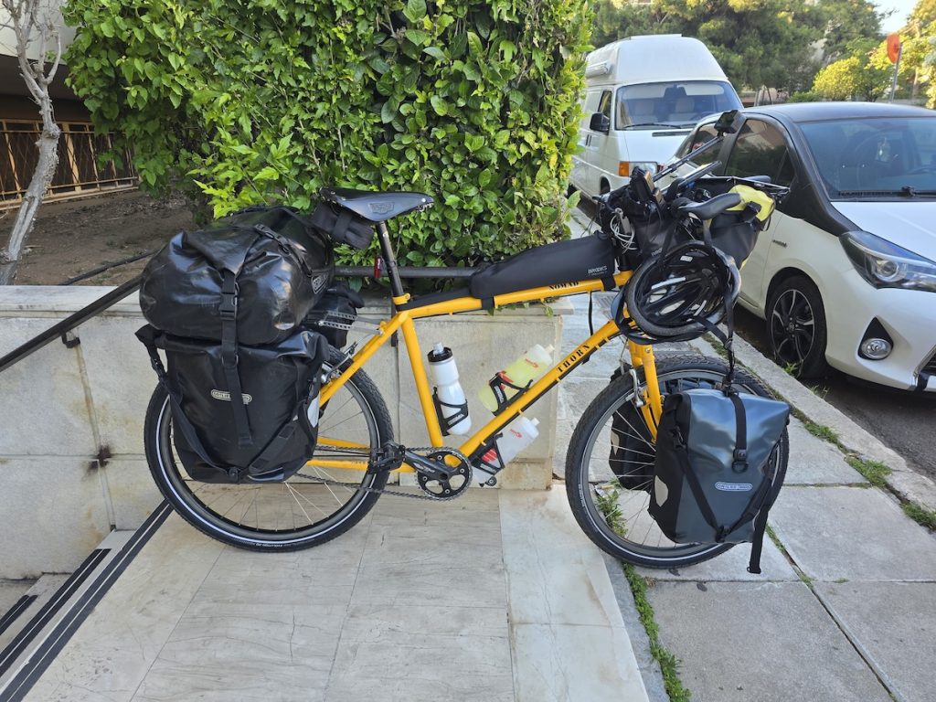 My loaded Thorn Nomad touring bike on day one of my Cycling Everywhere bicycle tour (starting in Athens, Greece)