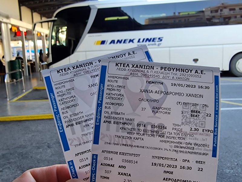 holding two KTEL Chanion-Rethymnou bus tickets for the Chania to Chania Airport route