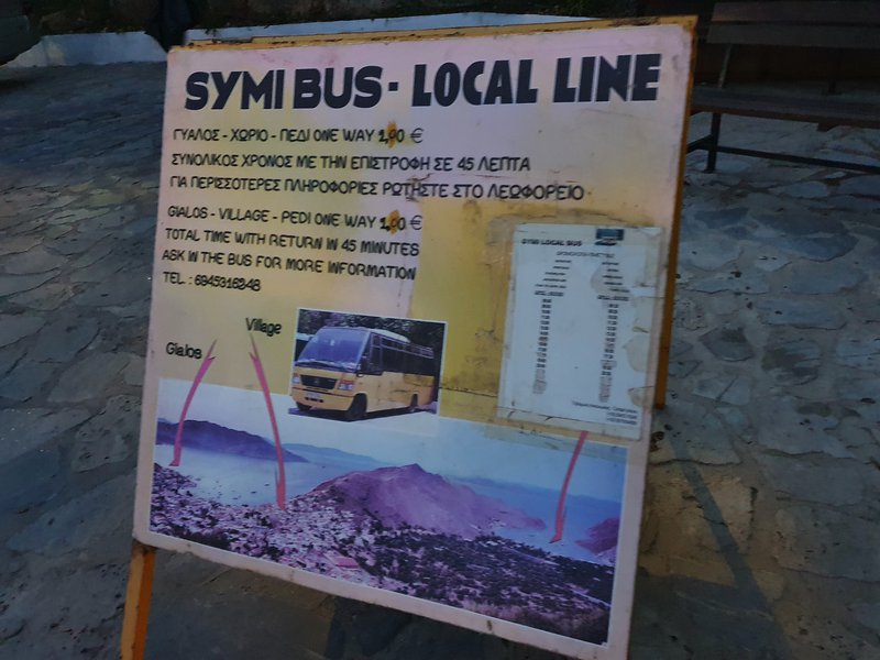 n information board for the Symi Bus Local Line showing the route between Gialos harbour, the Village (Chorio), and Pedi beach